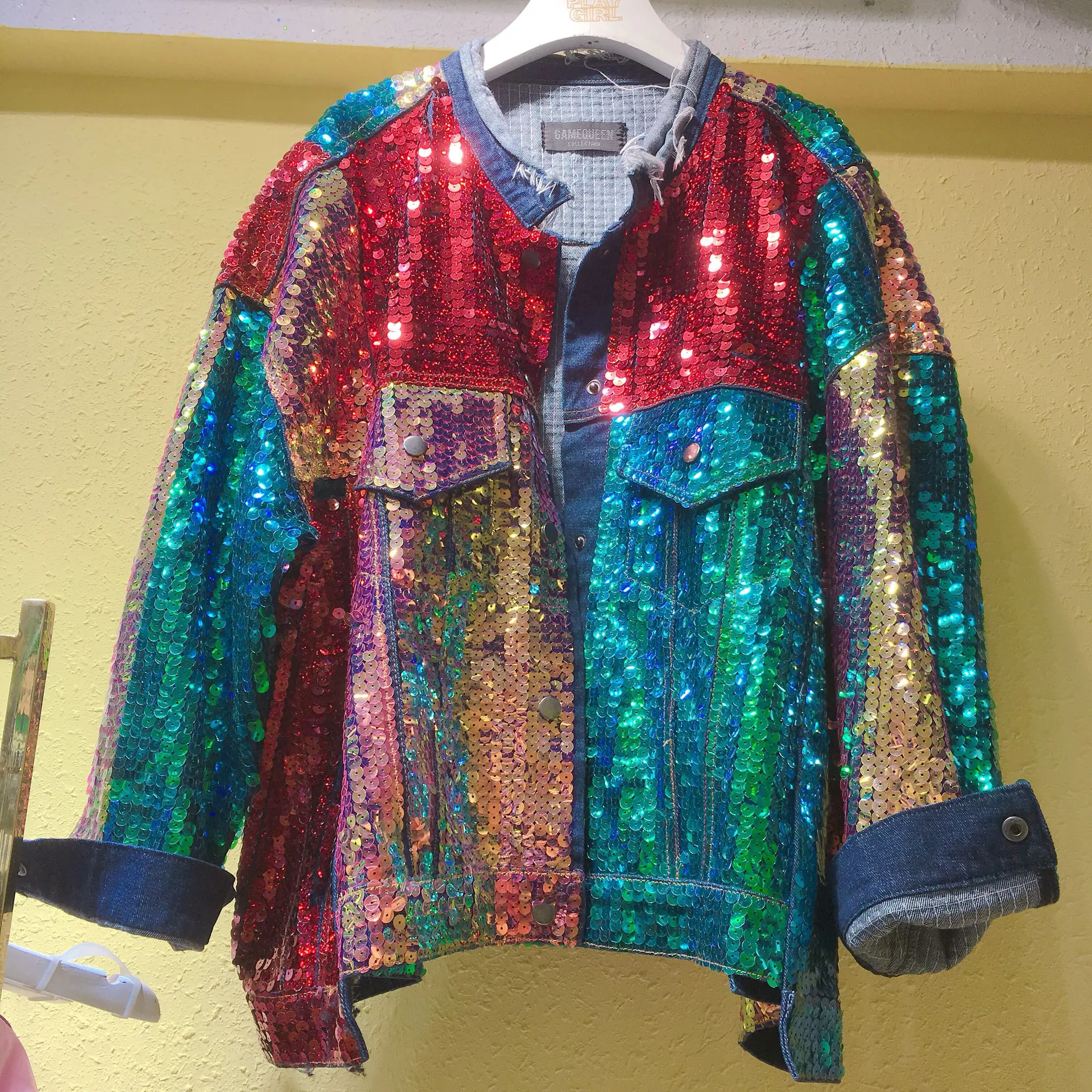 

2019 tide brand spring coat denim clothing sequin tooling jacket 2019 new port wind Harajuku ins female tide women jacket