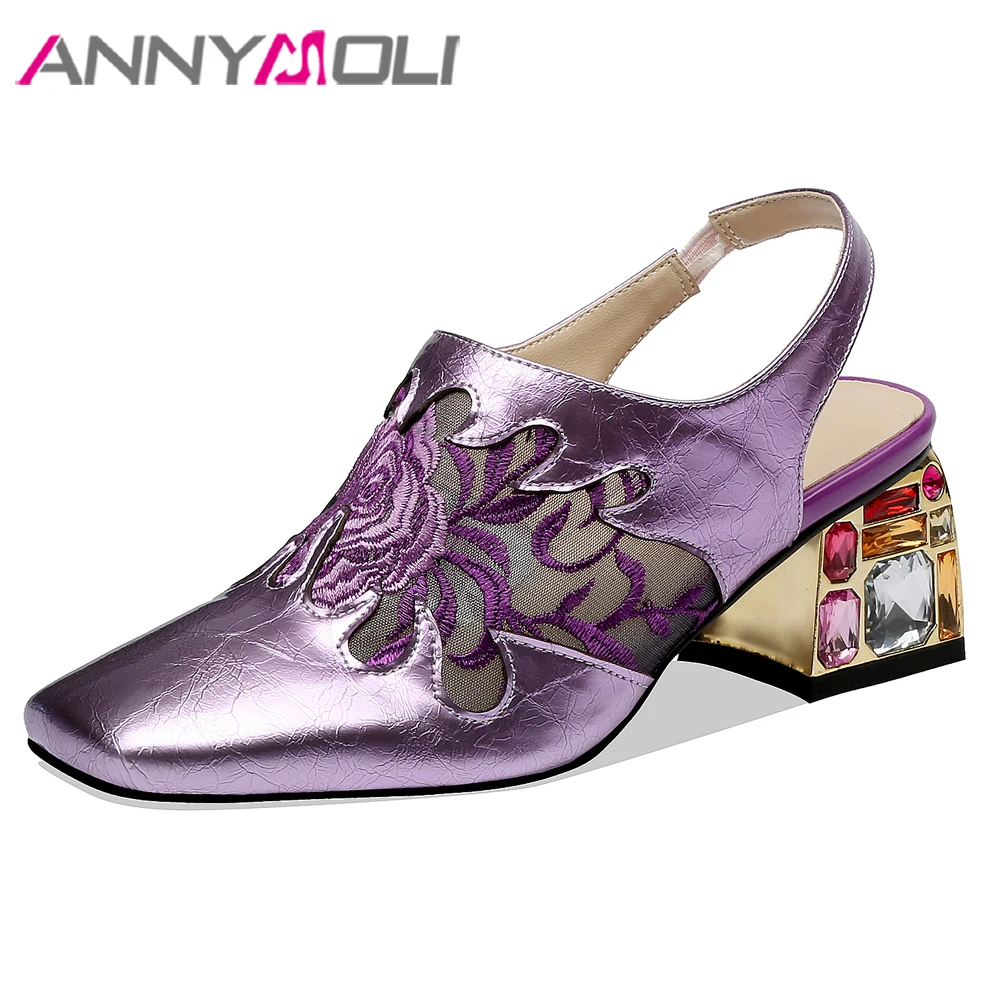 

ANNYMOLI Spring Summer Sandals Women Shoes Gemstone Block Heel Shoes Patent Leather Flower Square Toe Sandals Purple Size 34-41