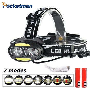 

Rechargeable LED Headlight 4*T6 headlamp+2*COB+2*Red Riding light Head Lamp 7 modes Flashlight Use 2*18650 battery for Cycling