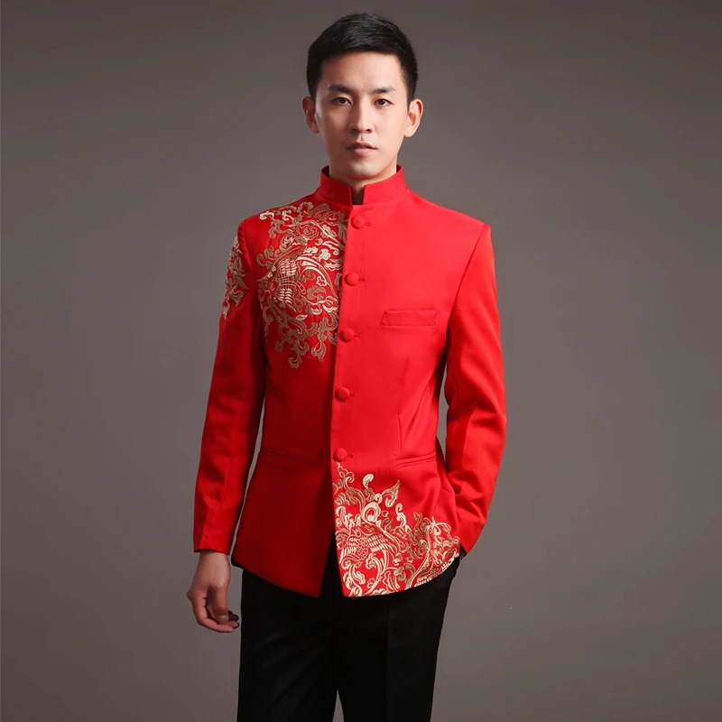 Современный Cheongsam Топ Vestido традиционная одежда для жениха Ципао Красная Вышивка