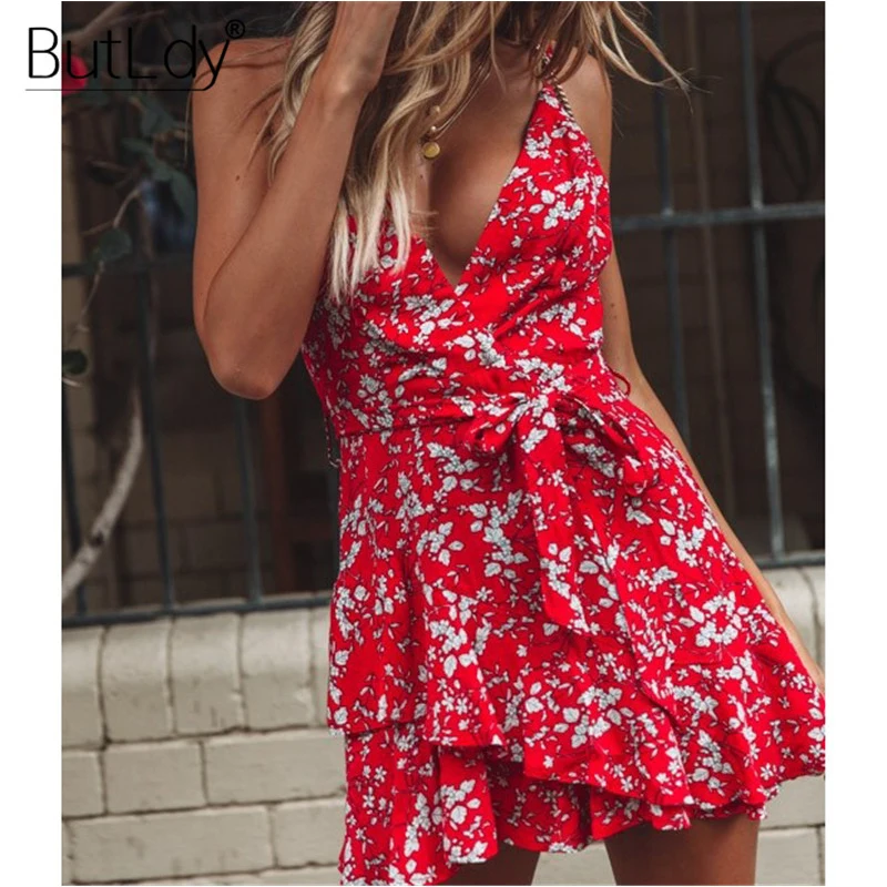 Женское платье на бретельках с цветочным принтом красное повседневное пляжное