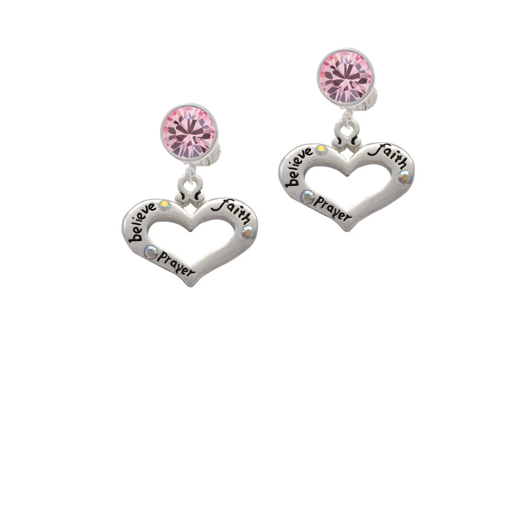 Heart with 3 AB Crystals - Believe Faith Prayer Crystal Clip On Earrings (3)