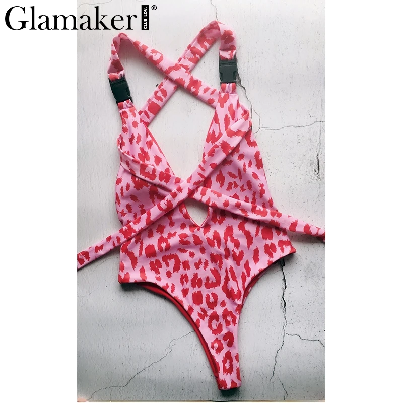 Glamaker, Леопардовый принт, красный, женский купальник, сексуальный, глубокий v-образный вырез, Женская Пряжка, бандаж, купальник, пуш-ап, высокий вырез, цельный костюм