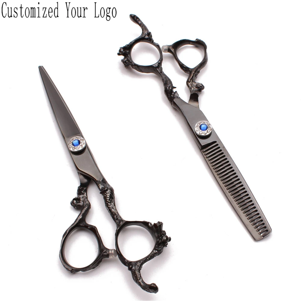

6" Customized Logo 440C Black Color Salon Hair Scissors Hairdressing Scissors Cutting Shears Thinning Shears Dragon Handle C9003