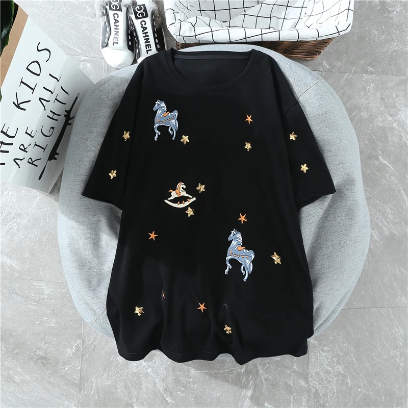 black Летние новые женские футболки с вышивкой, хлопок, с коротким рукавом, Длинные свободные Универсальные женские футболки с блестками, уличная одежда футболки - Цвет: black