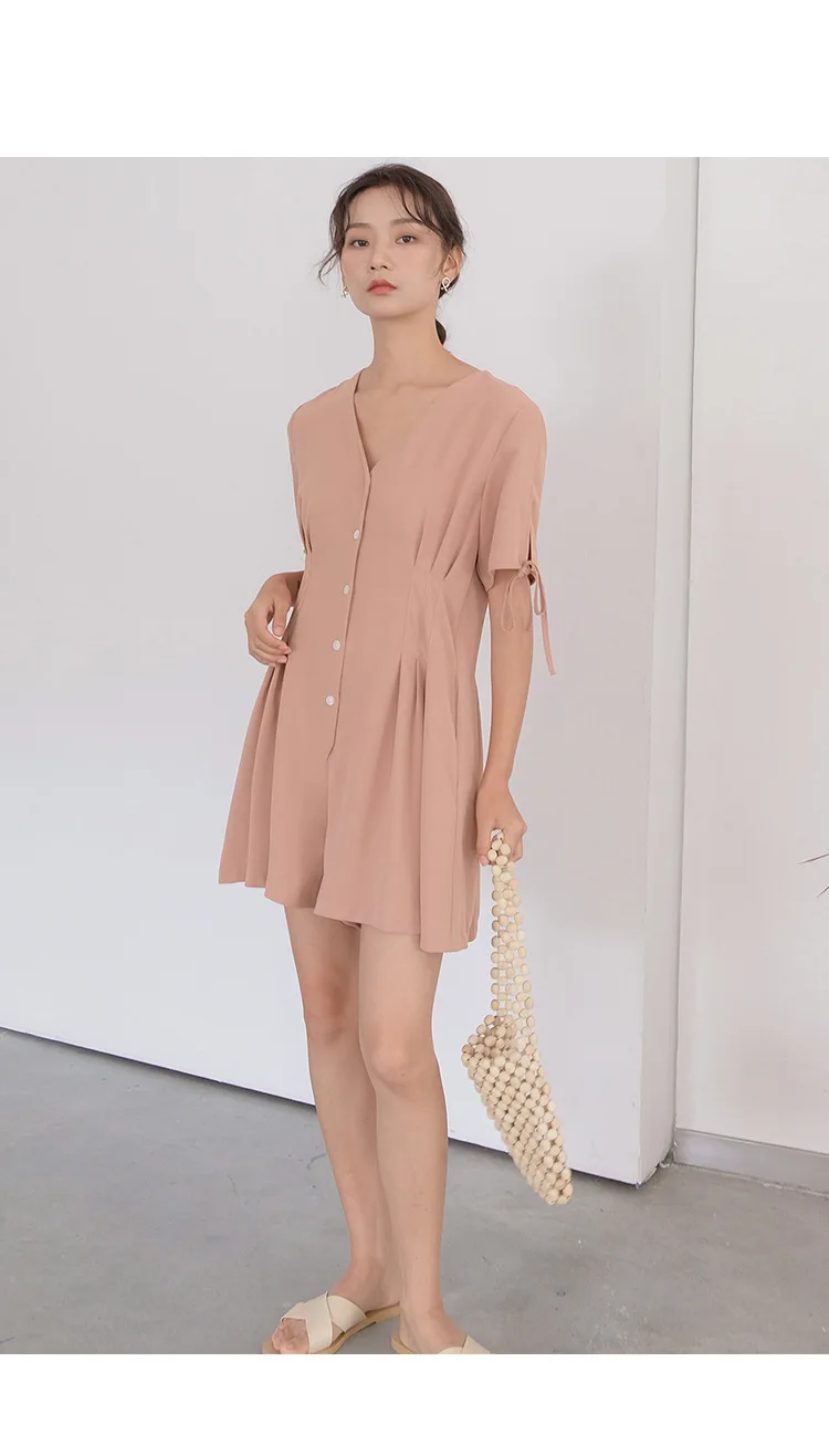 Summer new temperament leisure high waist slimming wide leg pants chiffon V collar waist short jumpsuit women 6203