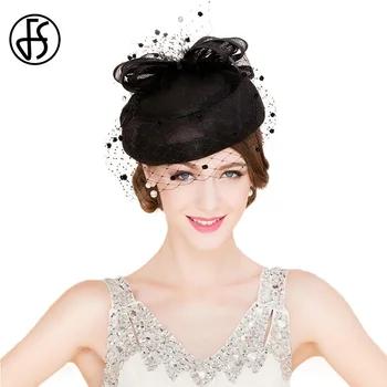 

FS Classic Vintage Women Sinamay Pillbox Hat Church Fascinators Black Ladies Linen Wedding Fedora With Veil Derby Party Hats