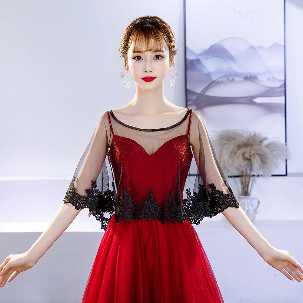 

Black Lace Applique Edge Wrap Women Evening Prom Dress Cover Up Summer Hi-Lo Sheer Cape Free Size