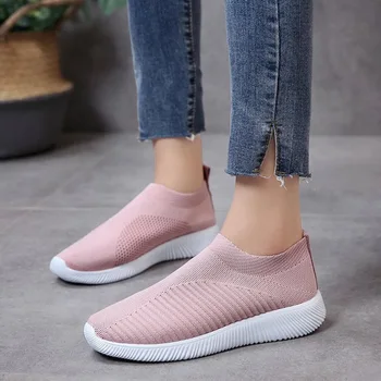 

2019 New Breathable Women's Shoes Round Toe Soft Bottom Convenient Slip-on Comfortable Large Size 35-43 Elastic Sports Shoes