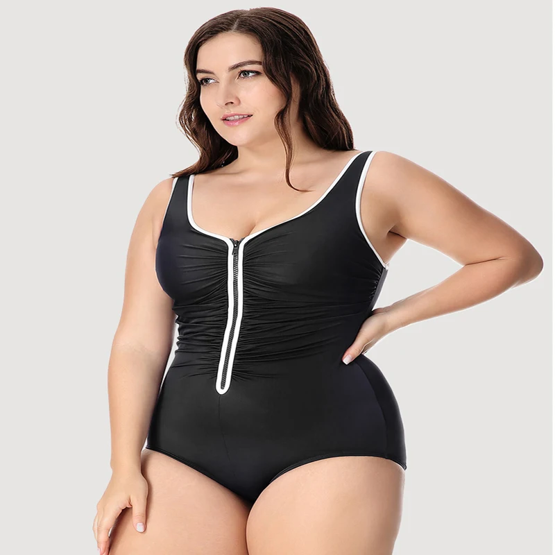Womens One Piece Plus Size Zipper Swimsuit Solid Color Quick Dry Beachwear Bathing Suit Sexy Ruched High Waist Black Swimwear2
