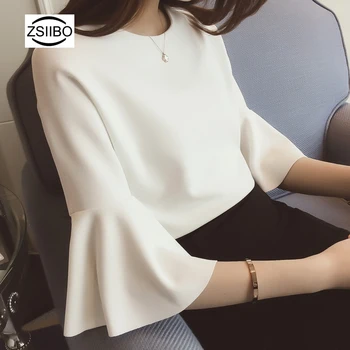 

Autumn Korean style O neckWomen T shirtfemale Casual trumpet sleeves white Top tee harajuku elegant OL work Plus Size clothing