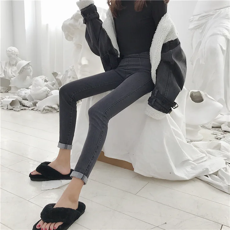 Индивидуальная сторона на молнии, с завышенной талией длина ноги Тонкий похудение Черные Серые джинсы карандаш брюки женские