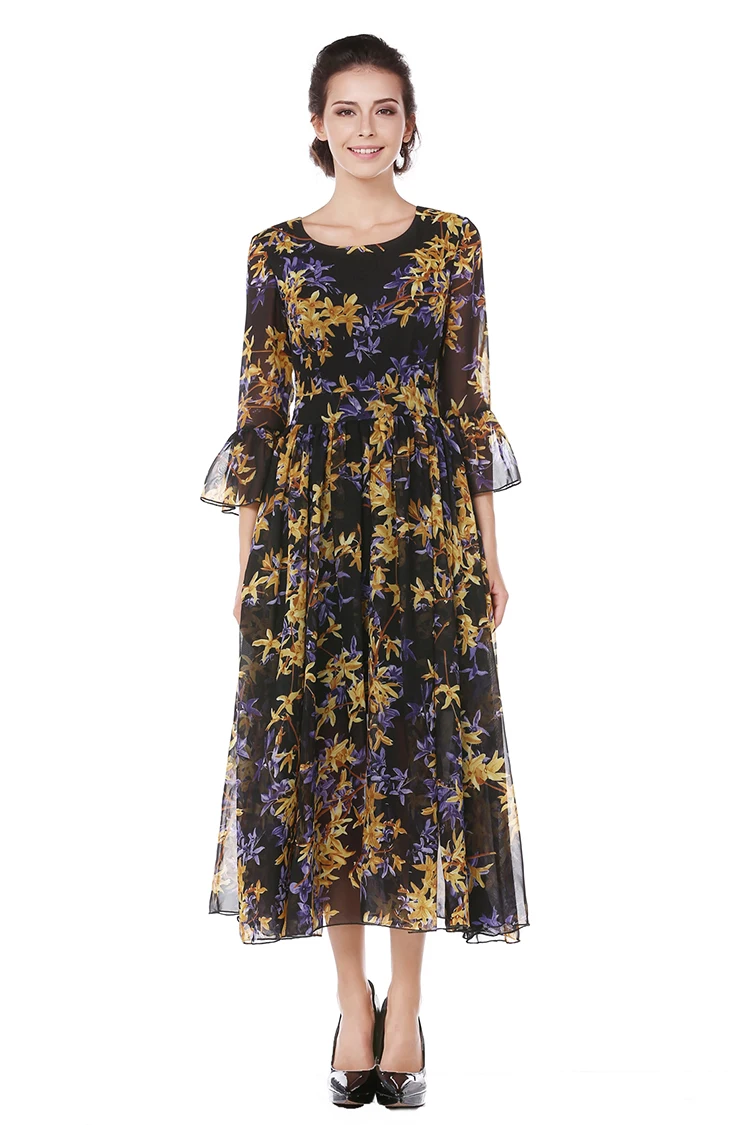 Новое летнее Модное Длинное Платье, женское платье с круглым воротником, половина рукава-клеш, шифоновое богемное Платье с принтом, размер s-xl