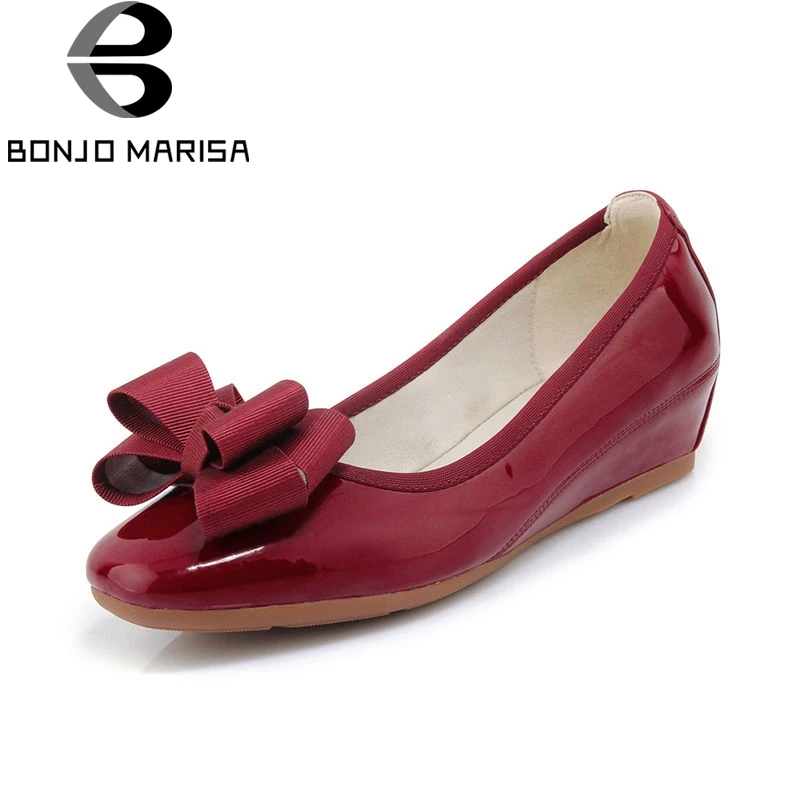 

BONJOMARISA 2018 Spring Autumn Comfortable Wedges Women Pumps Big Size 34-40 Sweet Bow Knot slip-on Shallow Casual Shoes Woman