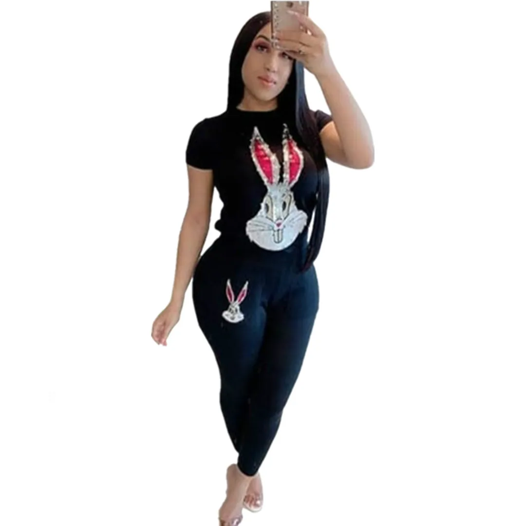 Спортивный костюм из двух предметов с принтом героев мультфильмов; футболка с короткими рукавами и круглым вырезом; длина по щиколотку; брюки; повседневная женская одежда