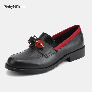 

super cute women genuine leather cowhide loafers low heels metallic beads black chic preppy office casual shoes plus size 44