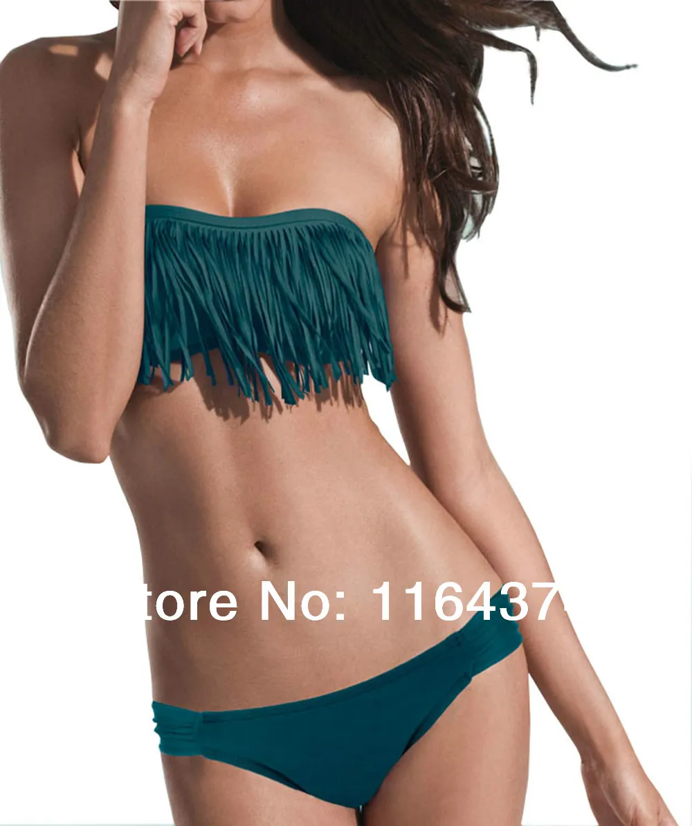 Newewst Fashion Women's Tassel Bikini Set Sexy Top &amp bottom Strapless Swimsuit - Atrovirens Free Shipping size S/M/L |