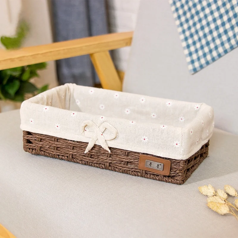 Straw storage baskets rattan basket for toy organizer snack remote control tissue handcraft storage boxes on table in bedroom