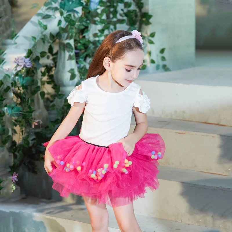 Buenos Ninos Baby Girls Fluffy 8-Layers Ballet Dance Pettiskirt Girl Princess Tulle Skirt With Pompom Puff Balls For 1-6T17