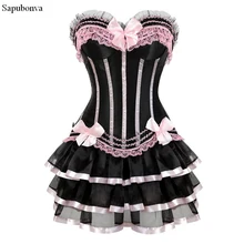 Sapubonva burlesque espartilhos vestido com trajes de saia vintage listrado floral rendas acima corset bustier tanque superior para mulher mais tamanho
