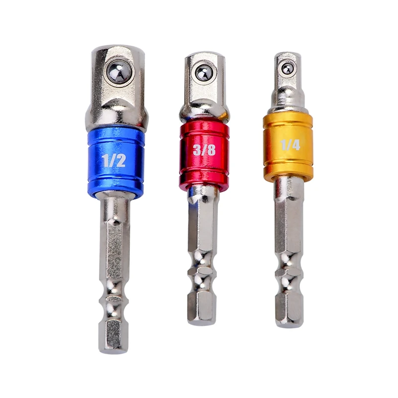 

3pc Socket Adapter Hexagonal Shank Square Head Socket Extension Bar Connecting Rod Sleeve Hex 1/4"3/8"1/2 Power Pool accessories
