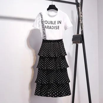

Summer Womens 2 Pieces Sets Elegant Letter Print Tees Top Skirt Suit Long 2 Piece Set Polk Dot Clothes