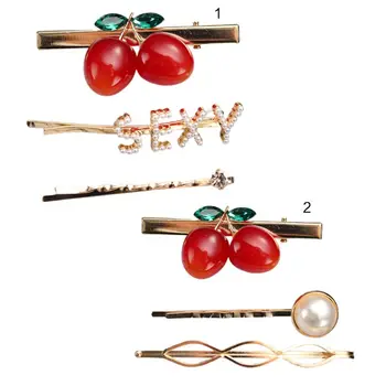 

3Pcs/Set Japanese Women Girl Sweet Resin Cherry Hair Clip Funny Letters Imitation Pearl Beaded Hairpins Spiral One Word Barrette