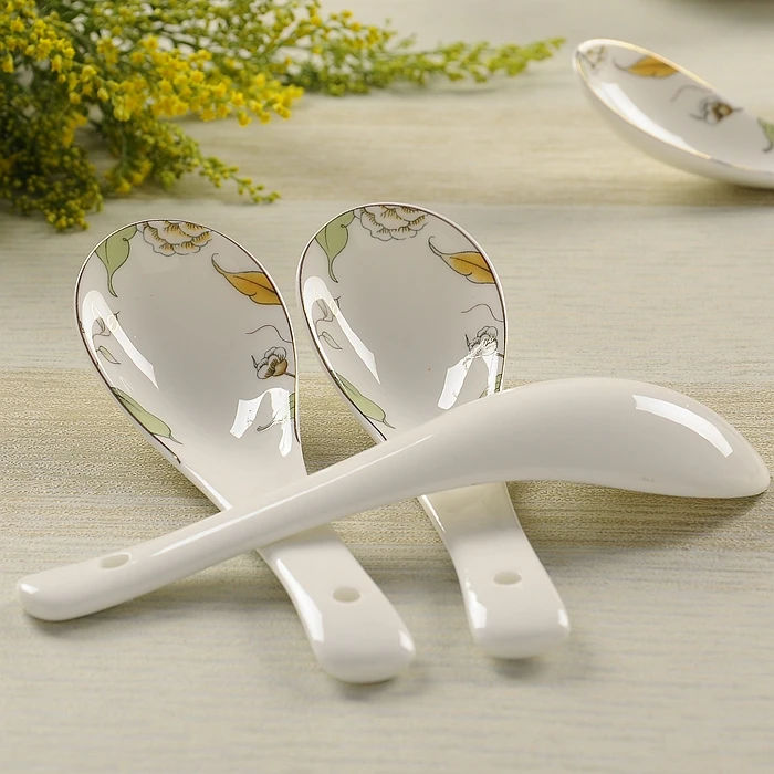 Quality bone china decorative rice spoons, gold bordered decor, ceramic