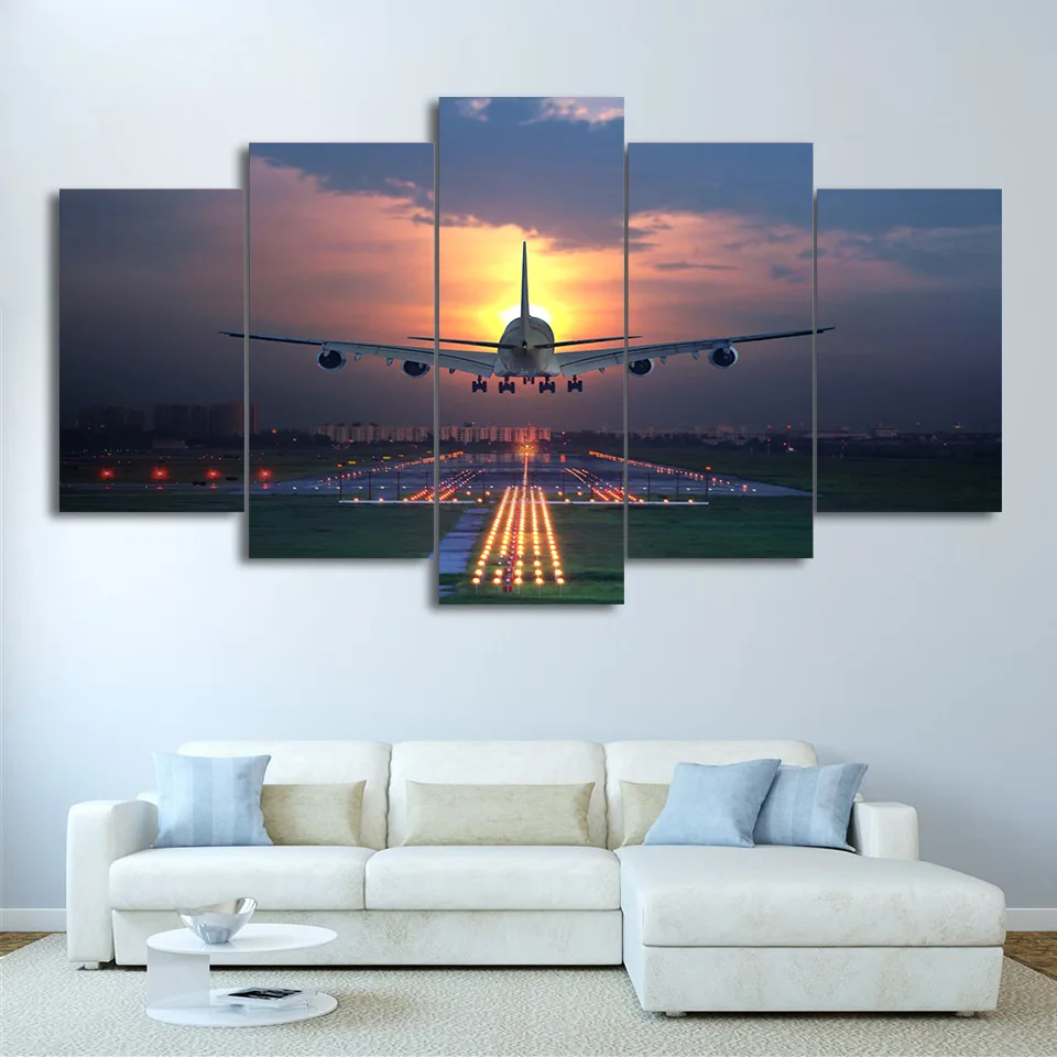 Painting-Living-Room-Wall-Art-5-Panel-Sunset-Lights-Airplane-Lawn-Poster-Canvas-Frame-Modular-Print