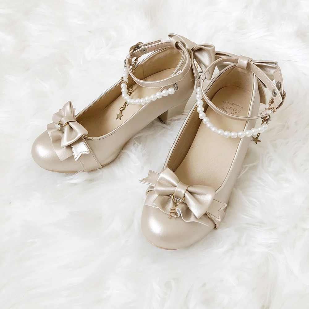 

Summer Japanese Sweet Lolita Girl Bow Star Chain Shoes Women's Lolita Round Head JK Uniform PU Leather Mid heel Princess Shoes