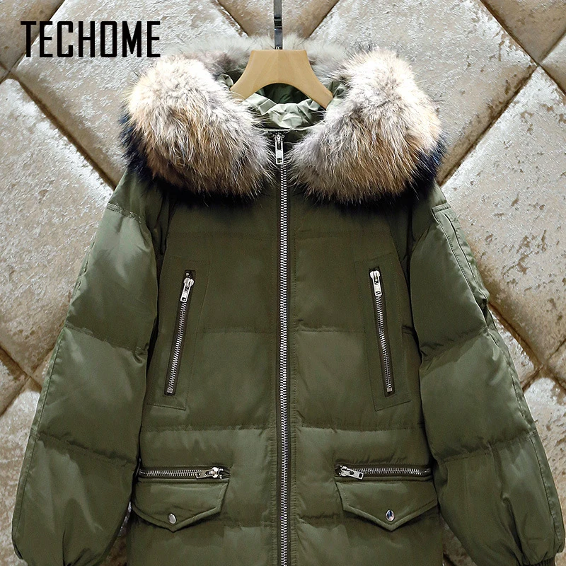 New Fashion Winter Coat Women Down Jacket Hooded Fur Collar Loose Women Parkas Zipper Ladies Outwear Parkas Long Down Jacket