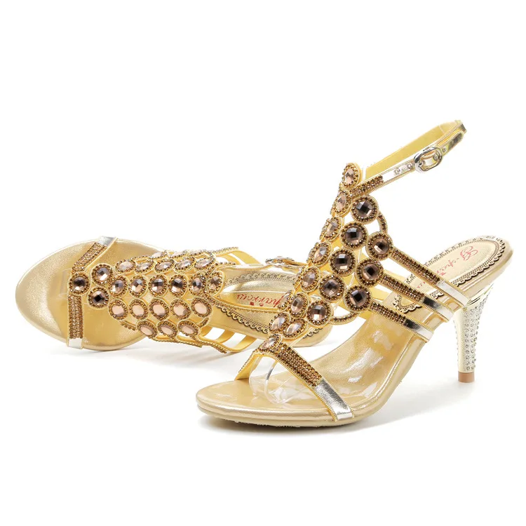 2016 Summer New Rhinestone Diamond Gold Dress Sandals For Wedding Womens High Heel Stiletto Shoes Size 1010