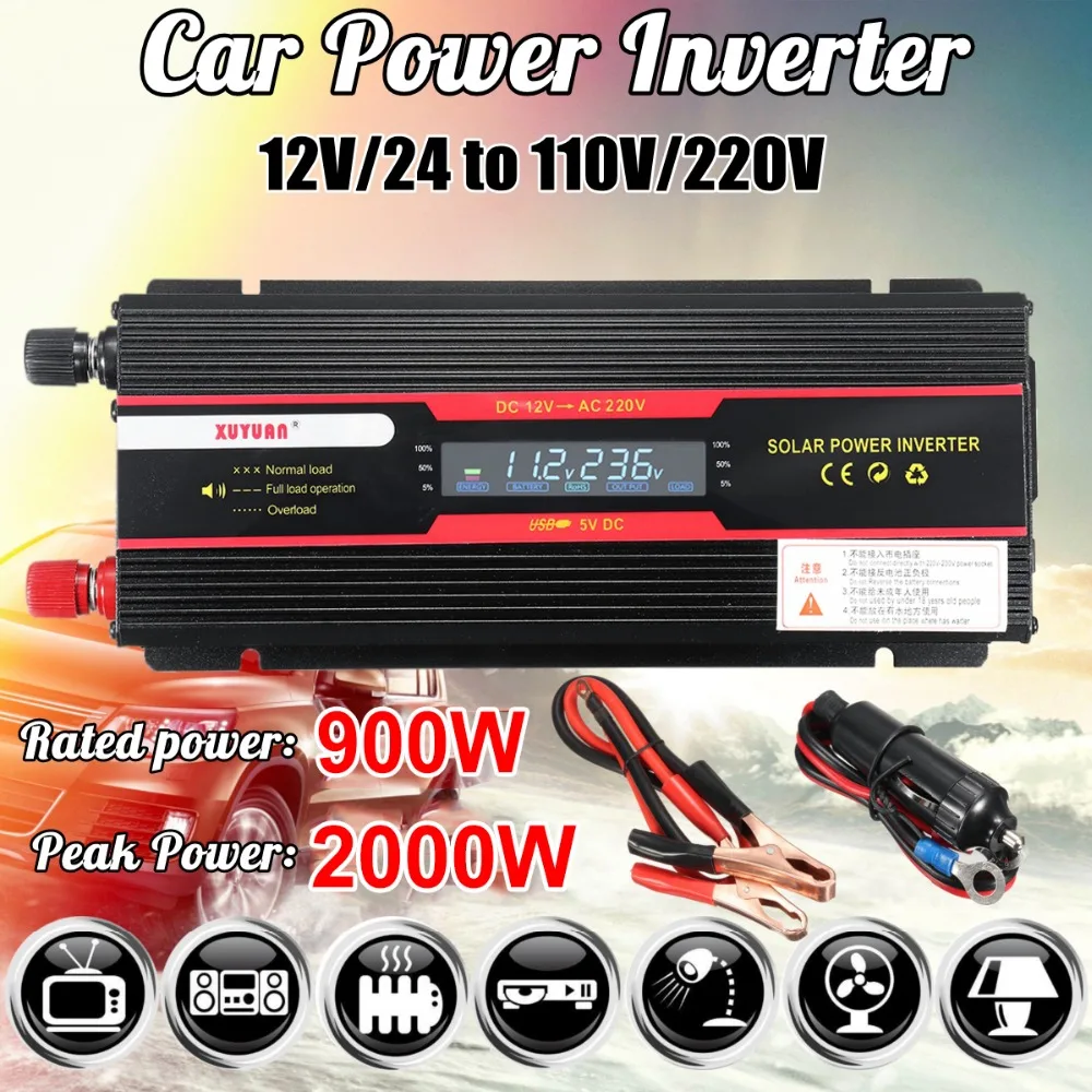 

Car Inverter 12V 220V 2000W P eak Power Inverter Voltage Convertor Transformer 12V/24V To 110V/220V Inversor + LCD Display