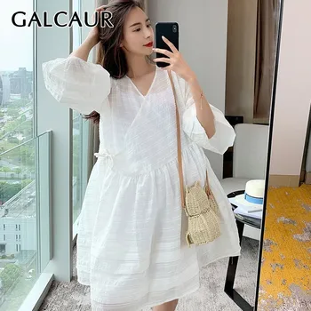 

GALCAUR Elegant White Women Dress V Neck Three Quarter Sleeve Oversized Knee Length Dresses Female Fashion Clothes 2020 Summer