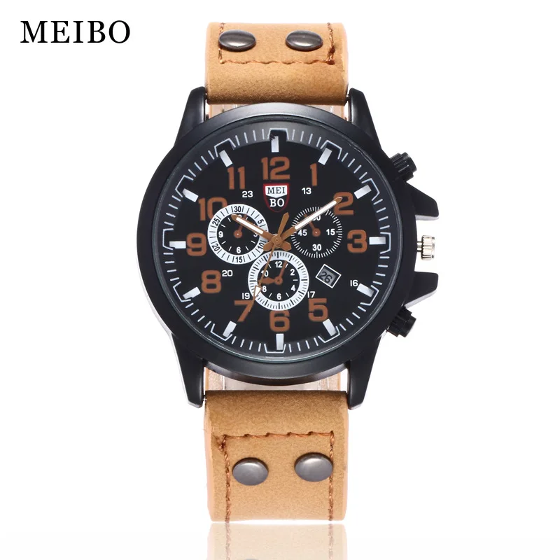 Горячие продажи три глаза кожаные часы Мужские Военные Спортивные кварцевые наручные часы Relogio Masculino с календарем