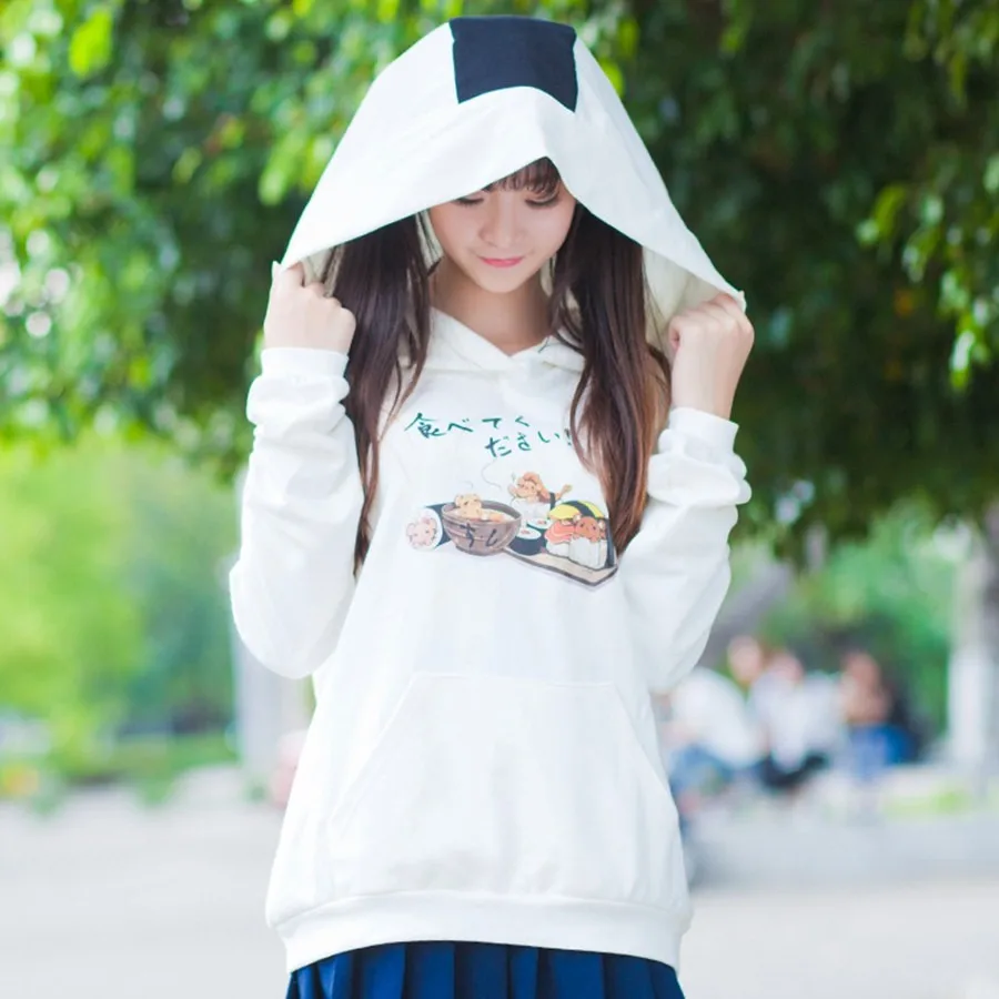 Японский Симпатичные толстовка женская Белый Hamster печати толстовки Harajuku Райс Шар с капюшоном с длинным рукавом Повседневная Верхняя одежда Верхняя одежда