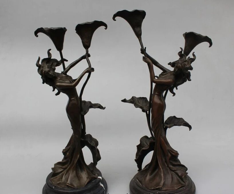 

free 15"Western Art sculpture Bronze Marble Belle Women Girl Candlestick candler Pair fast