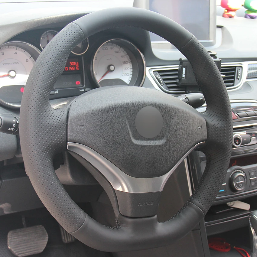 Черный из натуральной кожи рулевого колеса автомобиля крышки для peugeot 308 2012