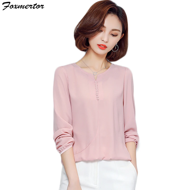 

Spring Autumn Women Top Long Sleeve Casual Chiffon Blouse Female O Neck Work Wear Solid Color White Office Shirts For Women E260