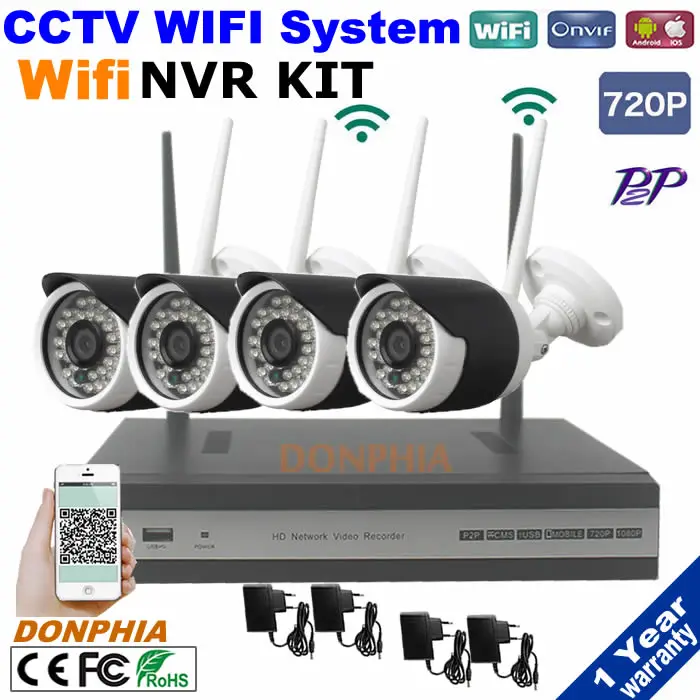 1.0MP 720P Wireless WIFI IP CCTV Security Camera 4CH NVR System P2P Kit