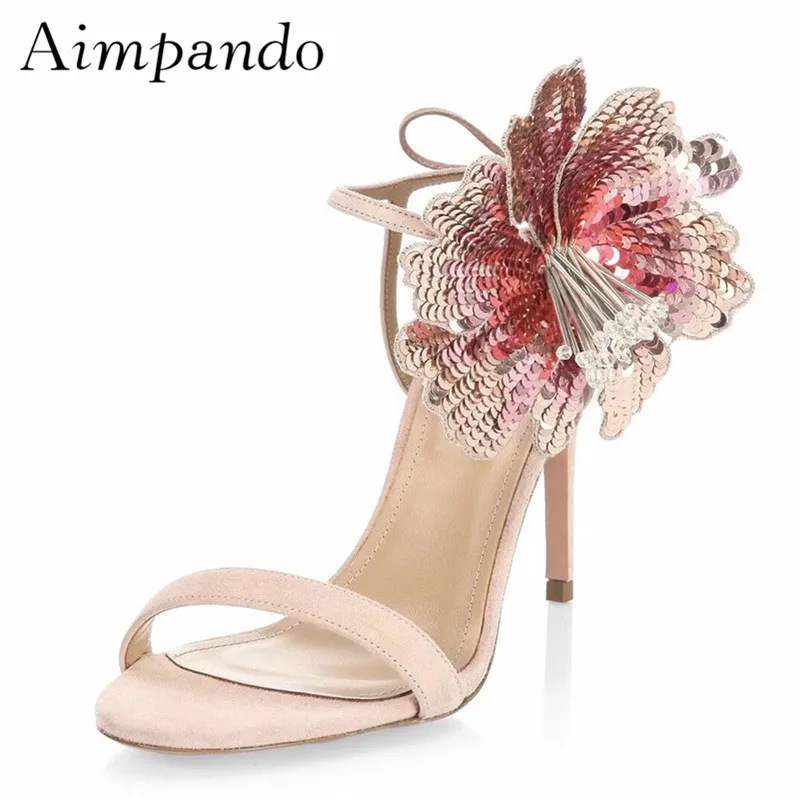 

Shiny Sequined Flower Gladiator Sandals Women Thin Heel One-strap Back Lace-up Beading Crystal Sequins Summer Shoes Woman