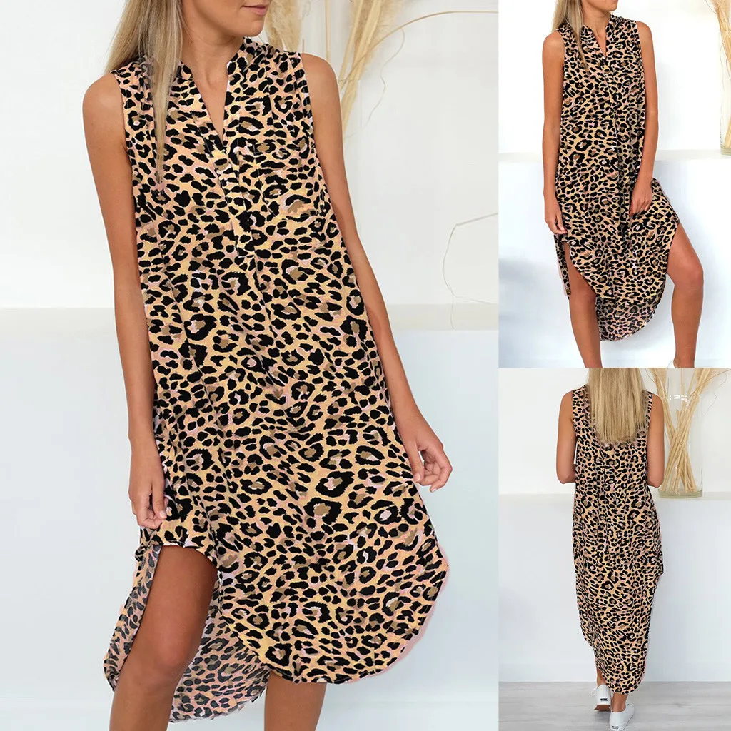 Summer Dress 2019 Women Fashion V Neck Sleeveless Leopard Print Dress ...