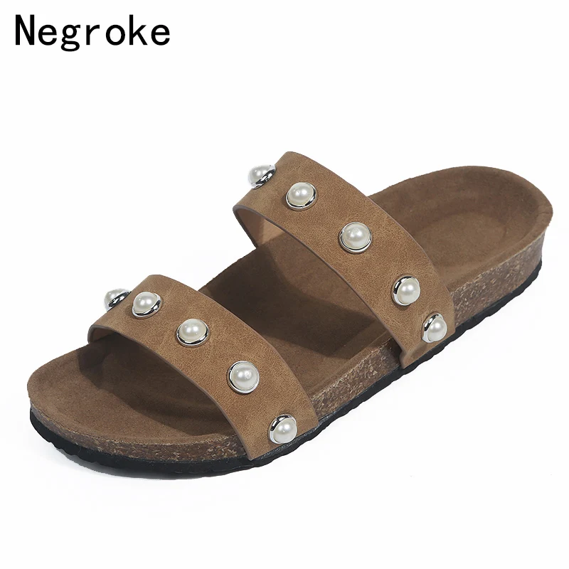 

2019 New Designer Summer Beach Cork Slippers Women Pearl Nubuck Leather Casual Clogs Slides Sandals Slip On Flip Flops Big Size
