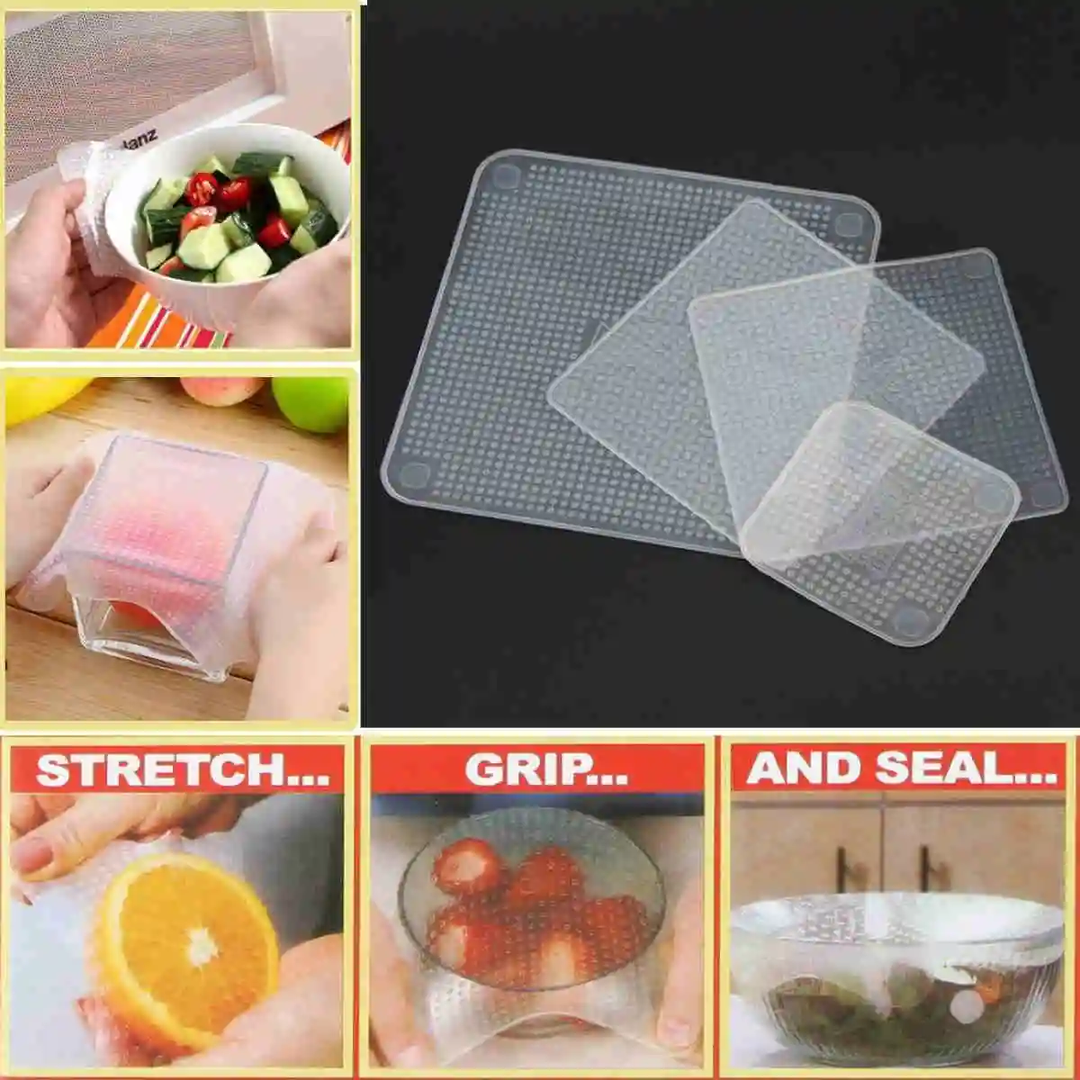 4pcs 1 set  Reusable Clear Stretch Fresh Food Wraps Seal Cover Kitchen Accessories Tool