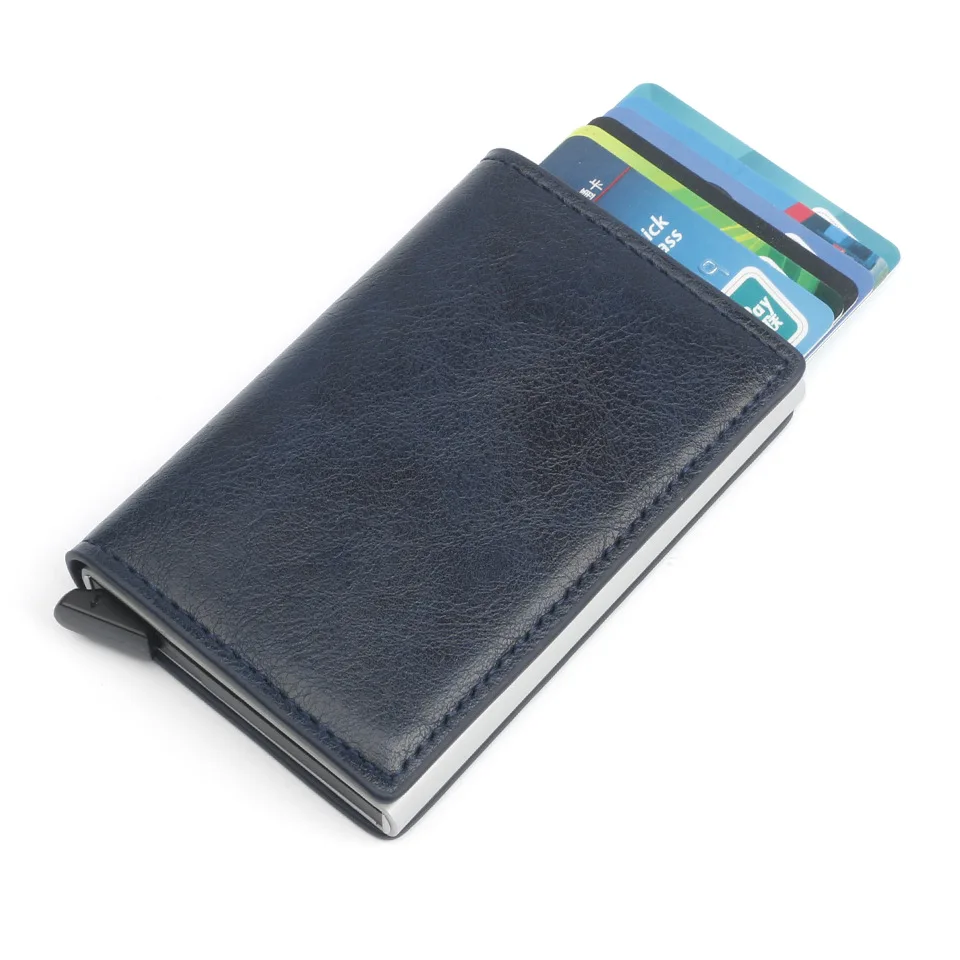 

Hot Men And Women Credit Card Holder RFID Aluminium Business Card Holder Crazy Horse PU Leather Travel Card Wallet