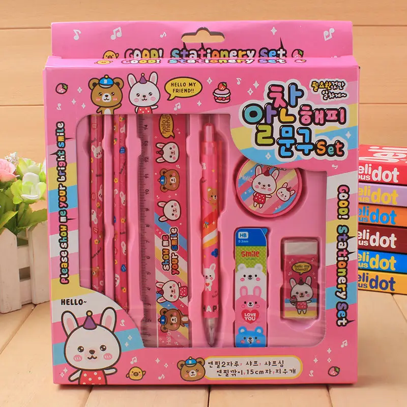 

Stationery Pink Blue Stationery Set Rainbow Rabbit 7 Boxed Sets Qi Jiantao Gift Box Stationery Student Prizes