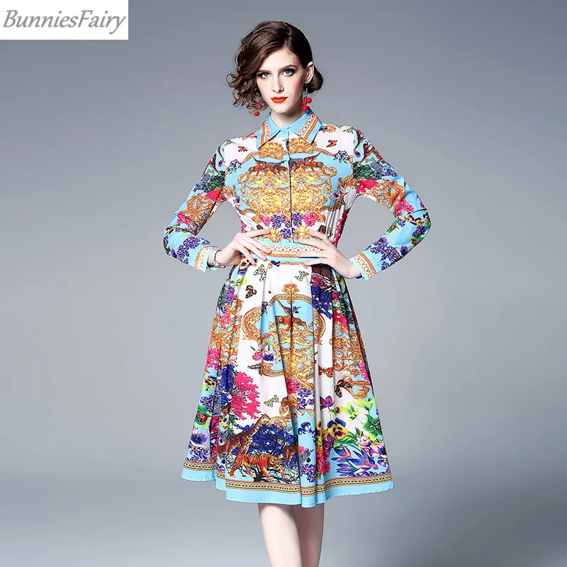 

BunniesFairy 2019 Spring Women New Long Sleeve Royal Vintage Retro Geometric Floral Print Shirt Dress Vestido Vogue Female Femme