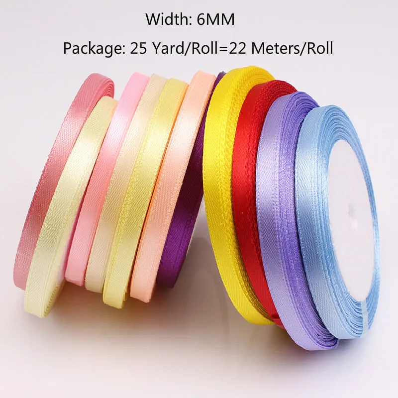 (25 Yards/roll) 6mm Ribbons Multicolor Solid Color Satin Ribbons Wedding Decorative Gift Box Wrapping Belt DIY Crafts 22 Meters