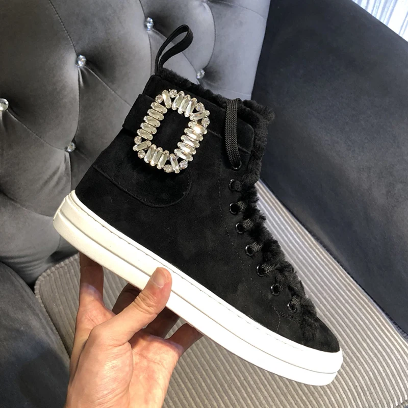 Rhinestone Lana 2019 black Mujer Botas Black Invierno Caliente Piel Bling Tobillo Redonda De Mujeres Para Punta Suede Nieve Las Leather 1FwFqz