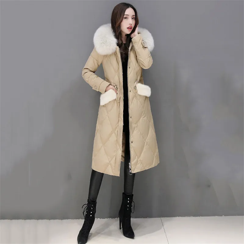 Beige Зимняя парка для женщин пуховик новые утепленные модные пальто корейские теплые женские парки с капюшоном большой меховой воротник верхняя одежда XY644 - Цвет: Beige